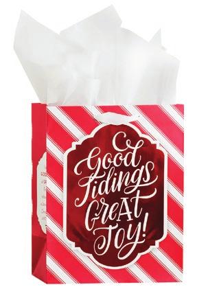 SPECIALTY GIFT BAGS MEDIUM 9" x 7¾" x 4¾" Two sheets of coordinating tissue included Peggable See page 2 for Kit Information Red foil stamping CANDY CANE Medium Good Tidings Great Joy!