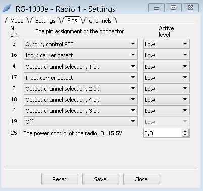 1. RG-1000e Customer Programming Software (RG-1000e CPS) The Pins tab provides controls for configuring the Radio 1(2) pin settings.