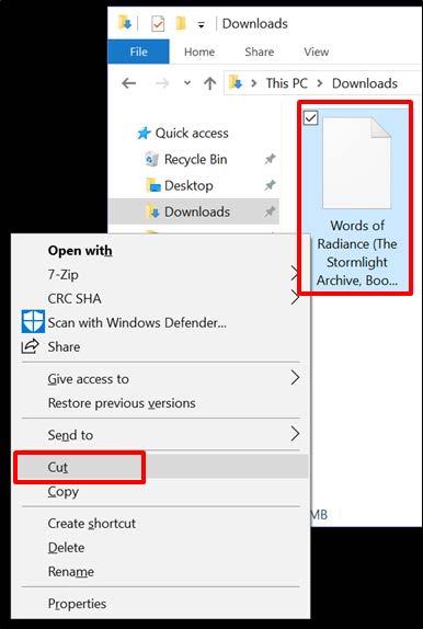 5. Right-click on the book you want to transfer. From the context menu that appears, click Cut : 6. Click Kindle on the left side of the window.
