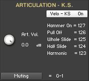 When you turn the Velo KS button on, the velocity selection gets activated and the Key Switch selections are deactivated for the five different Articulations.