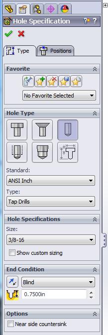 Select ANSI Inch for Standard. Be sure Hole is selected. Select Tap Drills for Type of the hole.