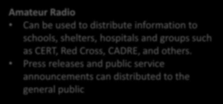 information to schools, shelters, hospitals and groups such as CERT, Red Cross, CADRE,
