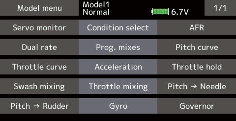 Use the Model type function in the Linkage menu to select the swash type matched to the fuselage beforehand.