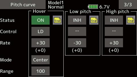 The hovering pitch, low pitch, and high pitch trim setup screen can be called from the Pitch curve setup screen.