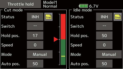 This function sets the throttle cut position for autorotation. The throttle position can also be set to an idling position.