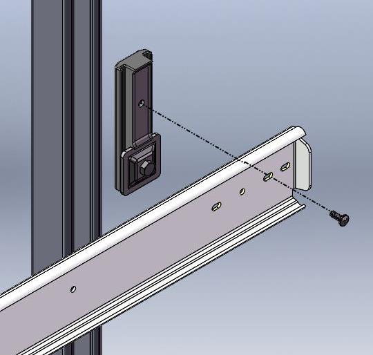 Using the (4) #10-32 Pan Head Screws supplied with strut nut, securely attach slide to inserts. Align all 4 Strut Nut inserts vertically. One bolt at each strut nut kit at each vertical strut C.