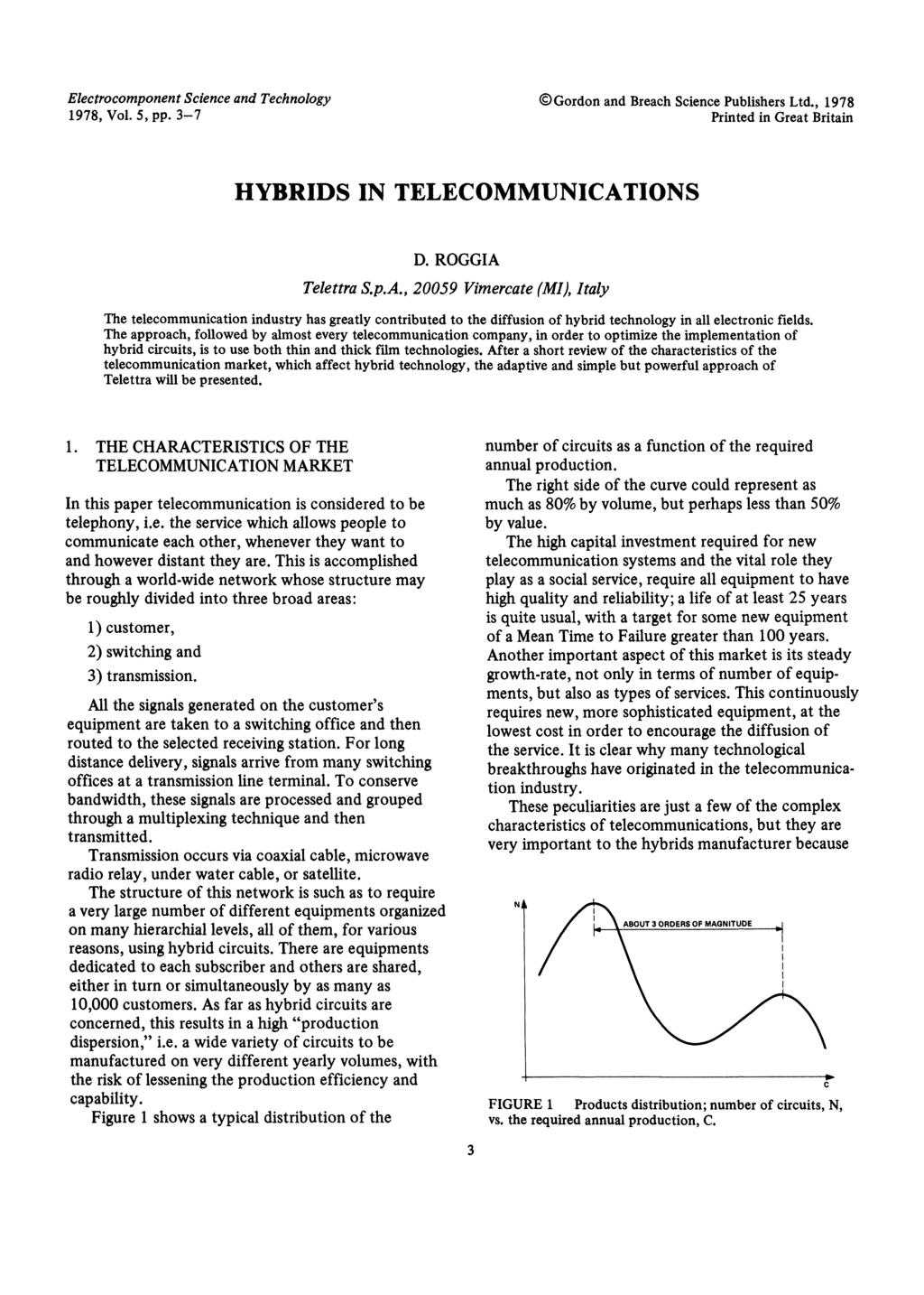Electrocomponent Science and Technology 1978, Vol. 5, pp. 3-7 (C)Gordon and Breach Science Publishers Ltd., 1978 Printed in Great Britain HYBRIDS IN TELECOMMUNICAT