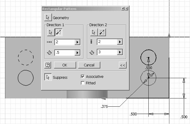 Autodesk Inventor R10 Fundamentals Rectangular Pattern This rectangular pattern tool only works in sketch mode.