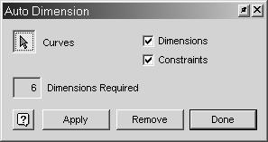 Autodesk Inventor R10 Fundamentals 4. A dialog appears indicating how many dimensions are required to fully constrain the sketch. Press the Apply button. 5. The dimensions appear as shown.