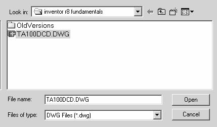 Autodesk Inventor R10 Fundamentals 1. Start a new file using Standard units. 2. Select the Insert AutoCAD file tool.