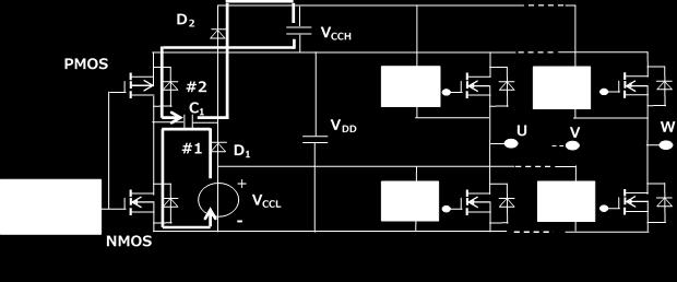 #2) This turns on the PMOS transistor, causing V CCH to be formed through the C 1 -D 2 -V CCH -PMOS-C 1 loop. V CCH is placed in such a manner as to be superimposed on the main power supply (V DD ).