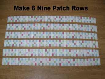 And your 6 adorable Nine Patch Rows are complete. If you decided not to chain stitch, repeat the above process to make 6 rows total.
