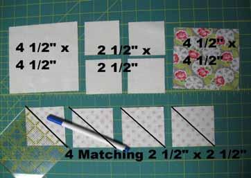 Block you will need (1) 4½" solid cream square, (1) 2½" solid cream square, (1) 4½" large