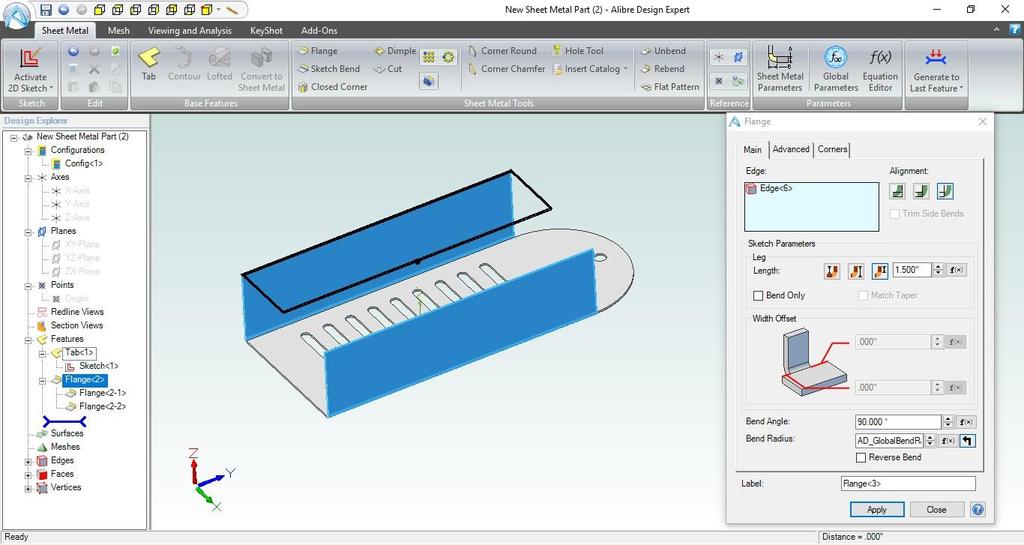 3 2 1. Click on Flange in Sheet Metal Tools section in the ribbon. 2. Click on the Edge box in the dialog.