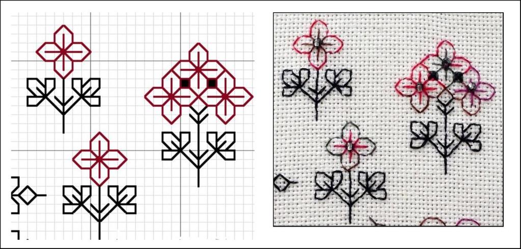 Pattern 4 Bordered Motif Technique: Blackwork Threads: DMC 310, metallic gold Stitches used: Back