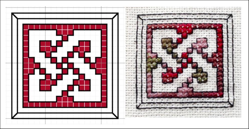 Use two strands of DMC 4518 and cross stitch to create the motif.