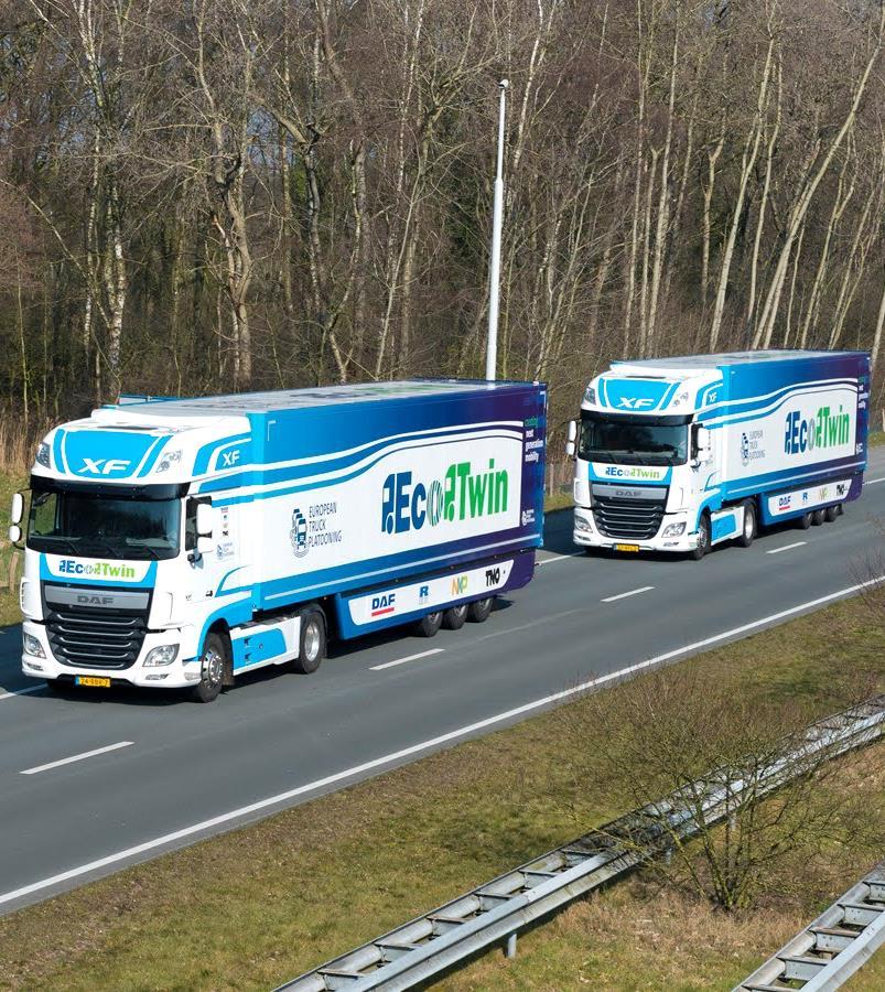 TRUCK PLATOONING Wireless vehicle-tovehicle communication from Brainport Eindhoven enables trucks to drive a few metres apart at full speed.