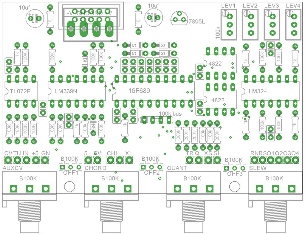 20 pin DIP socket 1 14 pin DIP socket 2 8 pin DIP socket 3 B. The PCB The PCB is 93x60mm. The mounting holes are spaced 51.1mm apart and pots are spaced 25.4mm apart. Below is an image of the PCB C.