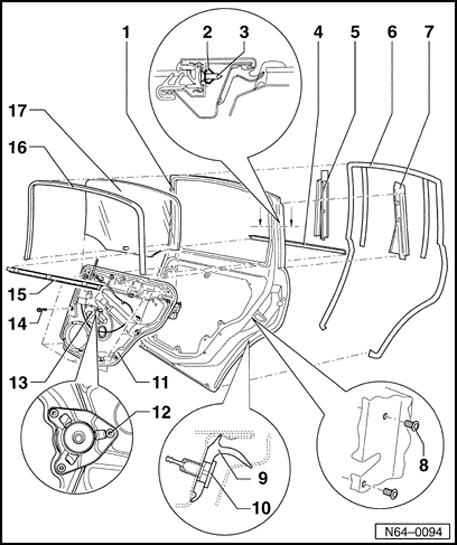 64-59 Rear door window, assembly overview 1 - Door Removing and installing Page 58-5 2 - Spring clip 3 - Cross-head screw 4 -