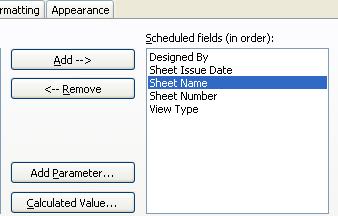 : select these FIELDS: DESIGNED BY SHEET ISSSUE DATE SHEET NAME SHEET NUMBER VIEW TYPE Press and hold