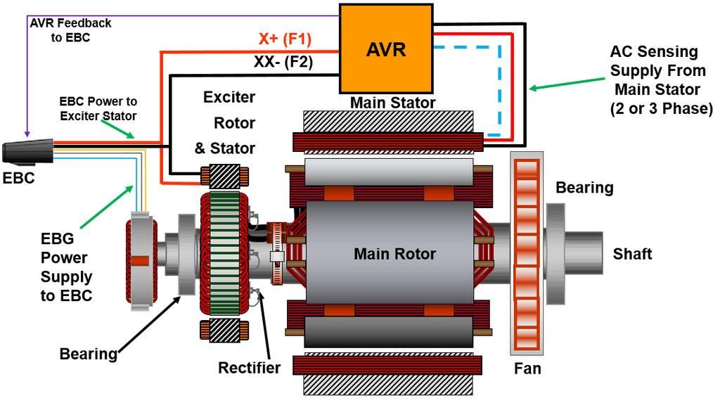 The EBG provides voltage whenever the alternator rotor is spinning, and the EBC determines the level of boost to provide to the excitation based on the drive signal from the AVR.