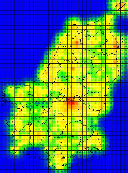 Once the grid was obtained, a simulation was run in MapInfo in order to obtain a thematic map which described the population density in the whole region. In Figure 5.