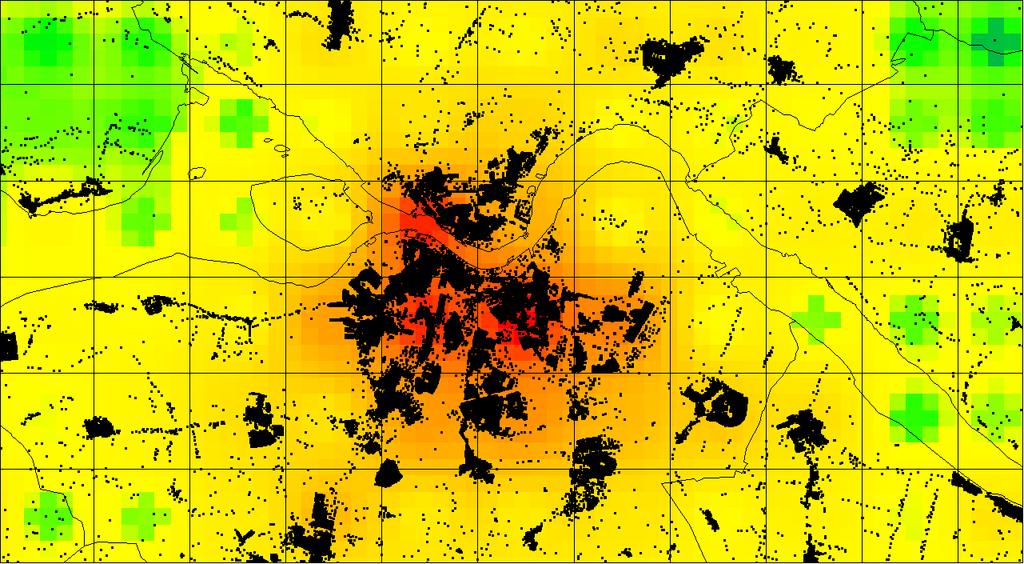 Figure 5.7b: a closer look into Aalborg 5.3.3 Main nodes After obtaining the density map for the region, the next step was calculating the points with a higher population density.