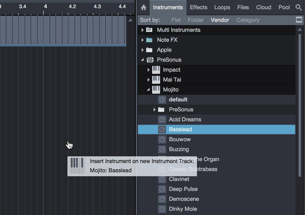You can also drag an effect or group of effects from one channel to another, drag in customized effects chains, and instantly load your favorite virtual-instrument preset without ever scrolling