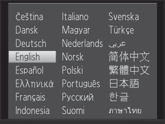 Setting Display Language, Date and Time A language-selection dialog is displayed the first time the camera is turned on. 1 Press the power switch to turn on the camera.