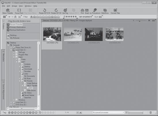 Connecting to a Computer At the Nikon Transfer default settings, ViewNX starts automatically when transfer is complete and transferred pictures can be viewed.