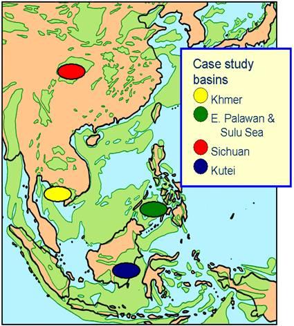 The 4 case studies Frontier Basins Cambodia: Khmer Basin Philippines: Sulu Sea and East Palawan Basins Semi-mature Basin China: Sichuan Basin Mature Basin Indonesia: Kutei Basin Case Studies - The