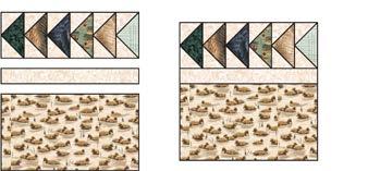Lay out one FG2 block, one 1½" x 9½" Fabric J (Color Blends, Oatmeal) rectangle, and one 5½" (horizontal) x 9½" (vertical) Fabric C (Geese Lake Scenic, Chambray) rectangle as shown.