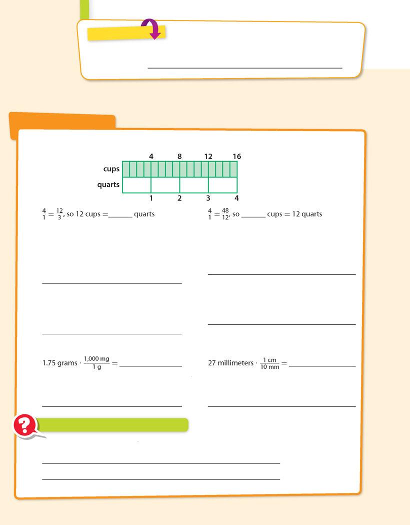 YOUR TURN 3. An oak tree is planted when it is 250 centimeters tall. What is this height in meters? Guided Practice Use the model below to complete each statement. (Explore Activity 1) 1. 2. Use ratios and proportions to solve.
