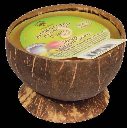 Fragrances: Creamy Coconut (C), Pikake Jasmine (PK), Pineapple Passion Fruit (PF), Mango Coconut Guava (MCG) and Plumeria Blossom (P) Large Coconut Shell Candle with Base Nested in an elegant gift