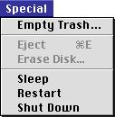 The Special Menu The Help Menu Empty Trash Deletes all items in the Trash. Eject Disk This command is not available in the browser window.