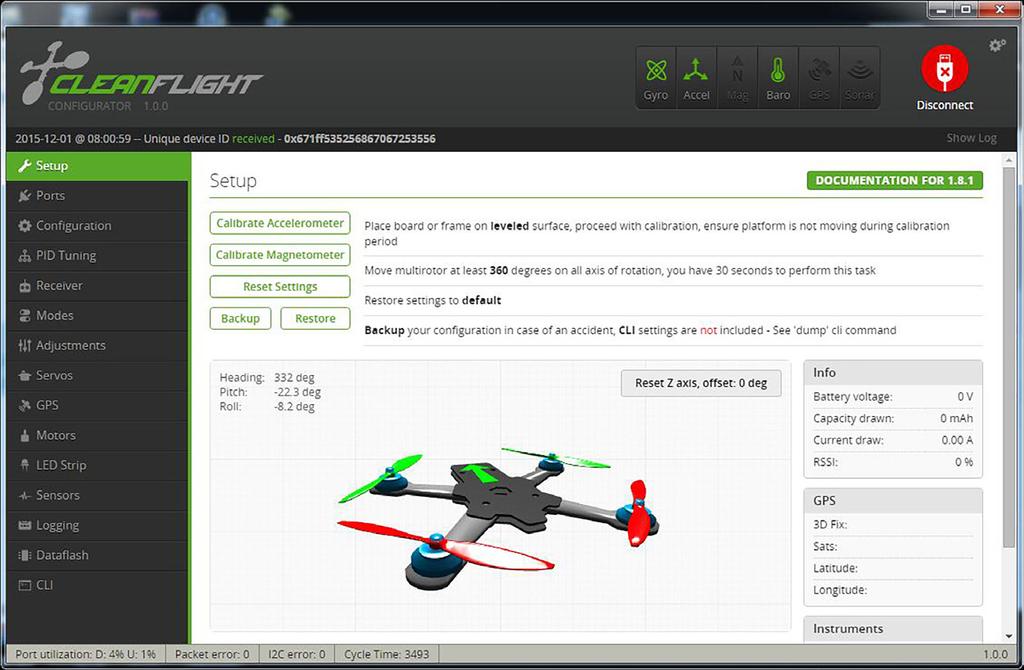 Software the program should resemble your quadcopters position. Here is the Main Menu options page. You may Calibrate and update your flight parameters and other settings.
