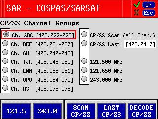 3.5 SAR-Dialogue The SAR-Dialogue allows direct access to several emergency frequencies as well as the possibility to scan all Cospas-Sarsat frequencies.