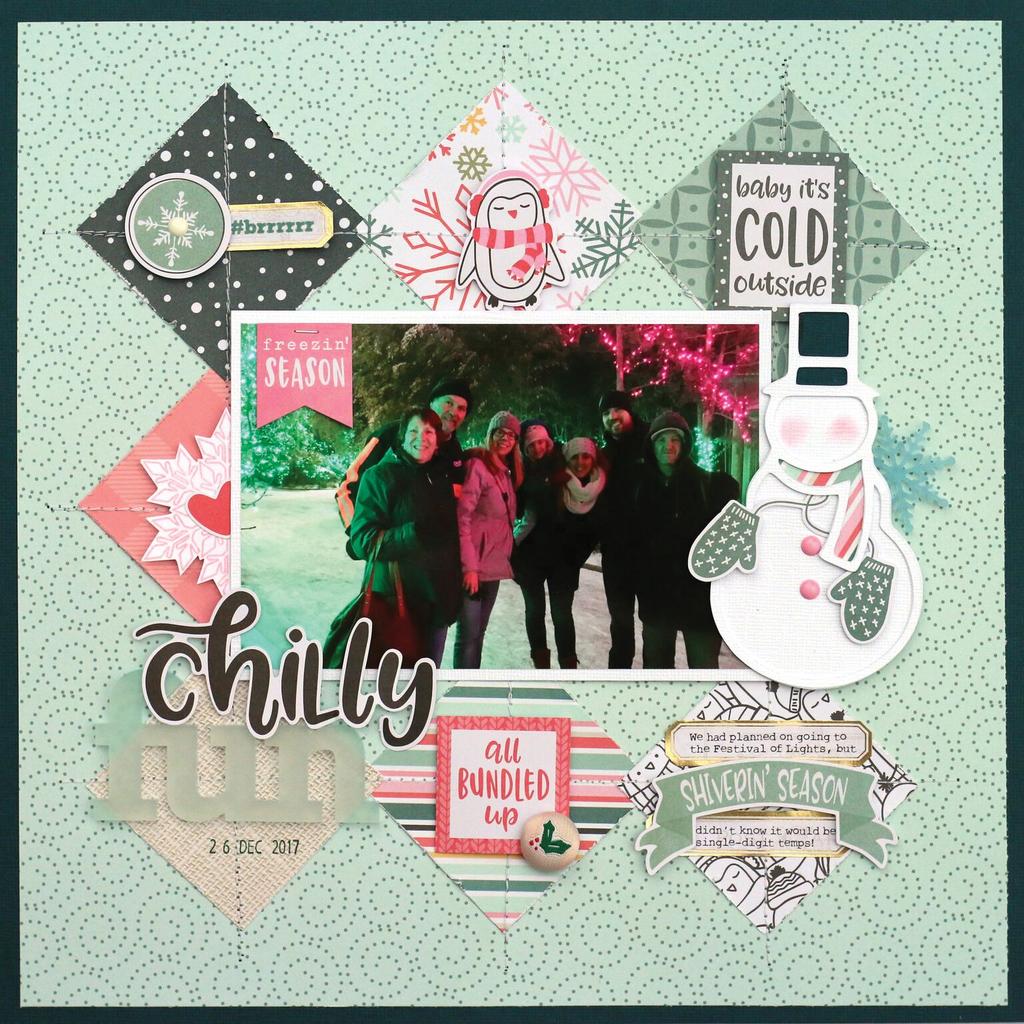 step-by-step instructions layout instructions + tips CHILLY FUN (12x12) 1 Select Mysterious Teal cardstock as layout base. Cut out a 10 x 10 square from center. Set aside for later use.