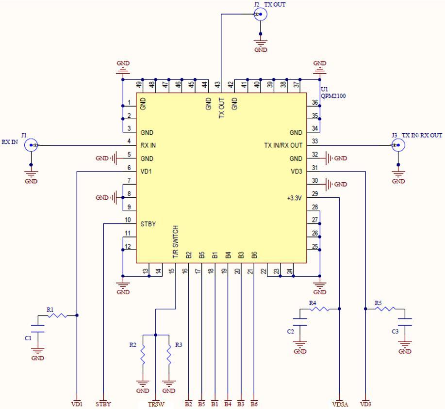 QPM21 Application Circuit Bias-up Procedure Bias-down Procedure 1. Set VD1 current limit to 2 ma, VD3 current limit to 1 ma. STBY current limit to 1 ma, DSA control 1.