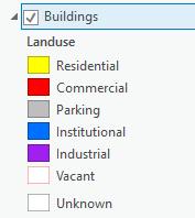 The building features are displayed using a unique-value renderer, where the colors represent the land-use type of each building. 1.