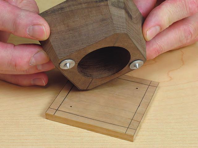 Drill the 5/6"-diameter x 3/32"-deep plug holes in the lid blank, and then the /4"- diameter x /6"-deep magnet holes.