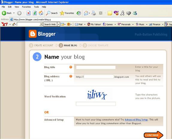 Hint: To keeps things simple, keep the blog title and blog address the same. Ignore the advanced settings option, and click on the orange continue arrow.