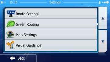 SETTINGS MENU You can configure the program settings, and modify the behavior of igo primo. Tap the following buttons:,,. The Settings menu has several options. Tap full list.