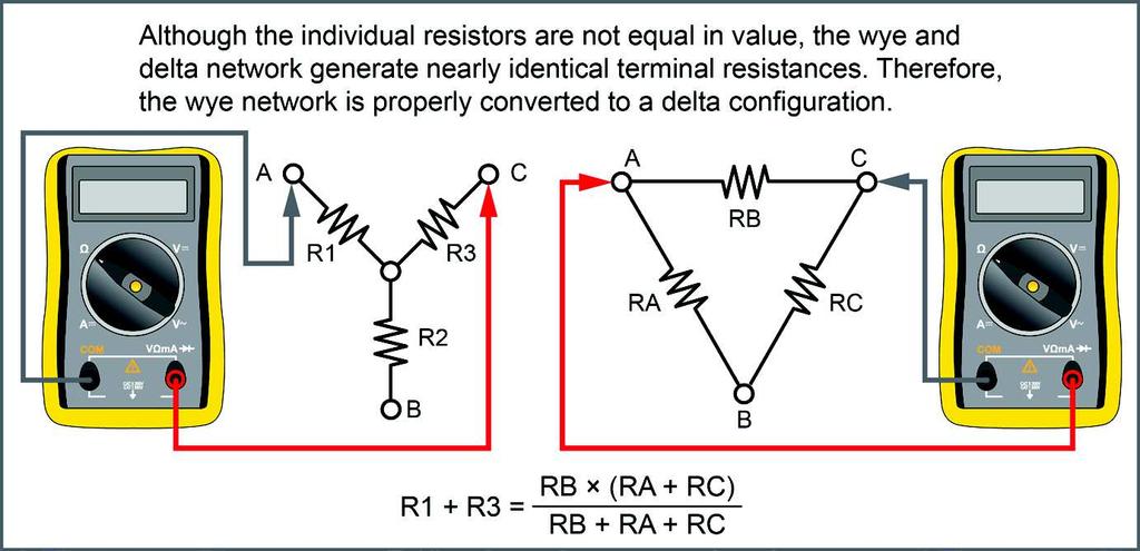 Do your measured values and calculated values agree within tolerance? a. yes b. no Use your ohmmeter to compare the terminal resistances between the Y NETWORK and the NETWORK.