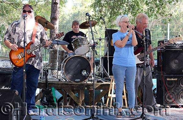 Dixie Music Center's 27th Annual Bash reverberates tunes galore as musicians entertain the people all day long Dotti Leichner, wearing the blue tee-shirt for the DMC XXVII Bash, introduces The Ray