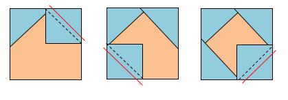 Repeat for the remaining three corners, one corner at a time, with 2 ½ x 2 ½ squares {B} making sure to align and sew according to the following unit