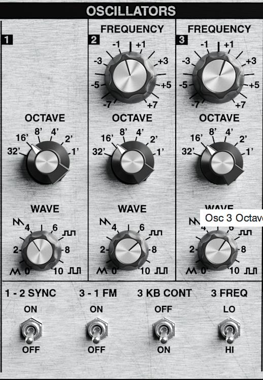 3 Oscillators VK-1 has three continuously variable wave oscillators with a few extra settings to tweak how they operate. Octave The Octave knob sets the octave of the oscillator.