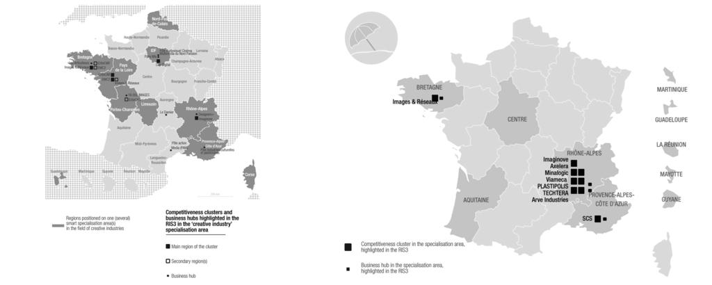 EStIF1 2017 RIS3 in the French Research and Innovation Context 15 Figure 8: Location of the competitiveness clusters and business hubs and regions choice of smart