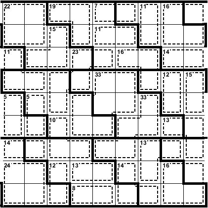 Torroidal Killer 90 Points Fill the grid with digits 1 to 9 in every row, column and irregular shaped boxes. The boxes wrap around the grid.