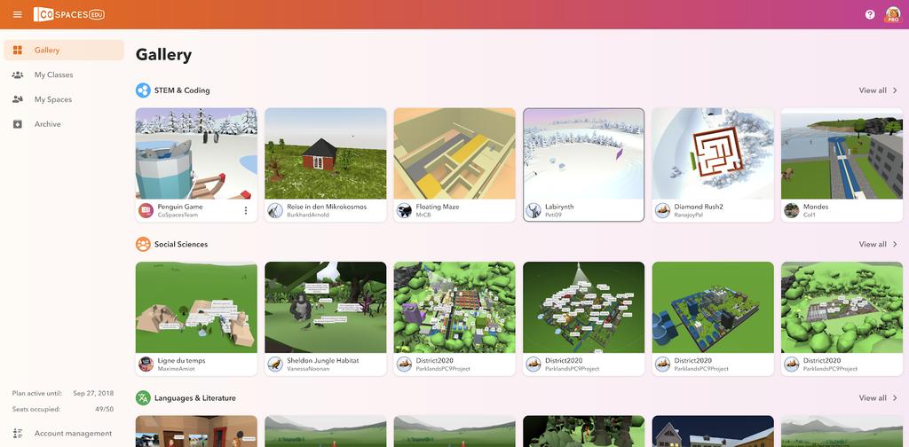 The CoSpaces Edu Gallery The CoSpaces Edu Gallery features many examples of spaces organized